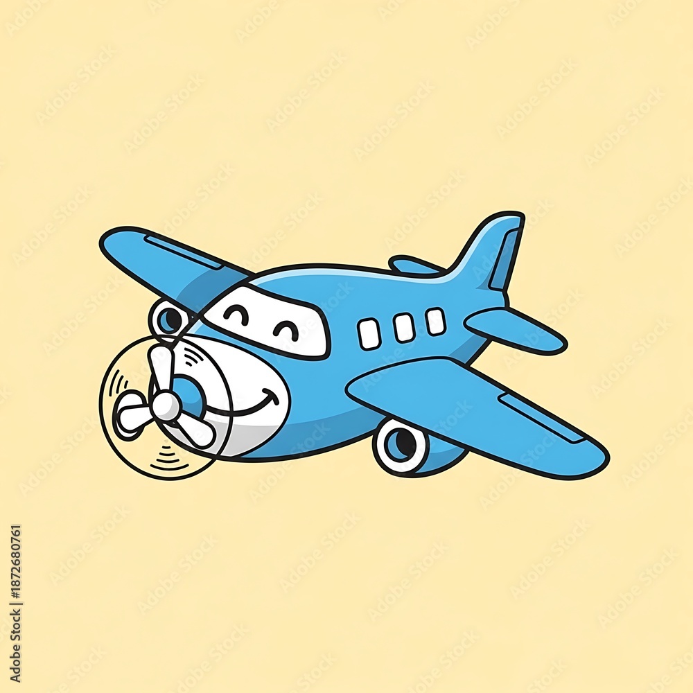 Naklejka premium Smiling cartoon airplane in flight.