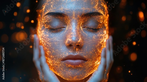 Close-up Portrait Of Woman's Face Covered In Sparkling Orange And Blue Glitter With Soft Bokeh Background And Hands Gently Touching Cheeks