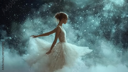 Ethereal Young Ballerina In A Sparkly White Tutu Performing Gracefully Amidst A Swirling Cloud Of Glitter And Smoke Under Dim Lighting