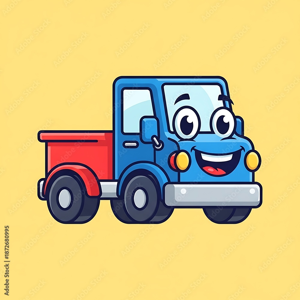 Naklejka premium Smiling cartoon truck with red bed.