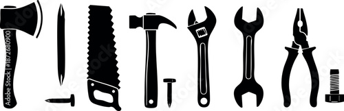 Collection of essential hand tools including axe, saw, hammer, wrench, pliers, and screwdriver in black silhouette vector format