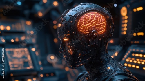 Futuristic Robotic Head With Glowing Orange Brain And Circuitry In A Dimly Lit Room With Technology Background