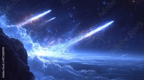 Celestial display of three glowing blue meteor showers streaking across a starry night sky above a cloud-filled atmosphere with a rocky cliffside in the foreground