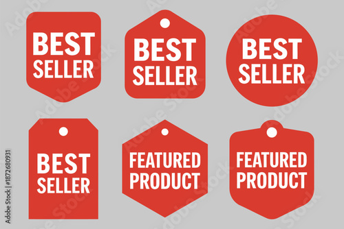 Red Best Seller and Featured Product Tags Vector, various shapes, ideal for marketing campaigns, product promotions, e-commerce, and retail highlights.