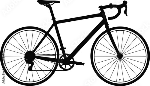 Road bicycle silhouette, racing bike side view, cycling sport illustration, black vector icon, fitness transport, isolated on white.
