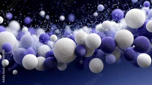 Cluster of white and purple spheres with textured surfaces floating against gradient blue background, forming ethereal geometric composition with depth and visual intrigue