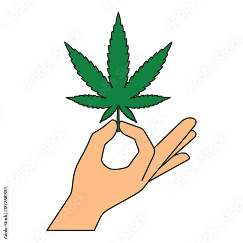 A hand delicately holds a vibrant green cannabis leaf symbolizing nature and potential growth