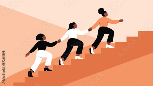 Diverse group of three women holding hands and climbing an upward flight of stairs together