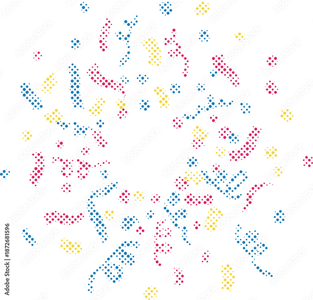 Obraz premium Celebratory halftone confetti explosion with colorful dots and whimsical streamers isolated on transparent background, Vector