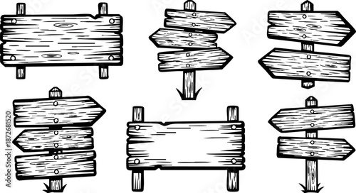 Rustic wooden signposts and directional signs vector set with vintage texture and blank boards for text space