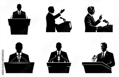 Set Of Black Silhouette Speakers At Podium Representing Leadership Public Speaking Political Speech Authority And Professional Presentation Concept Illustration