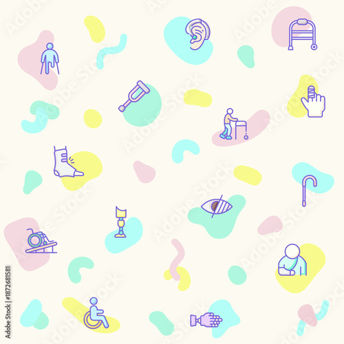 Vector illustration of a cute Disability People Pictograms icon. Collection of Disabled health care, medical tools, equipment stick figure, crutches, wheelchair, cane, electric wheelchair