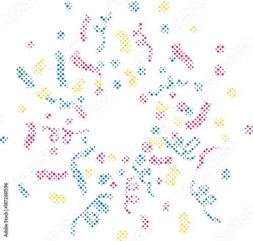 Celebratory halftone confetti explosion with colorful dots and whimsical streamers isolated on transparent background, Vector