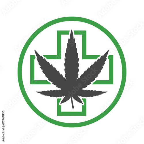 A striking emblem featuring a dark cannabis leaf overlaid on a green medical cross within a circle