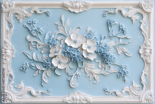 Ornate three dimensional floral relief molding decorates a pale blue background