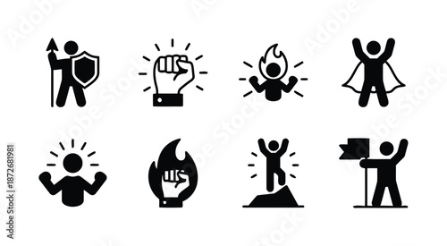 Solid black icons of motivation leadership vector concept set with defender power success and winner on white background exactly 200 characters