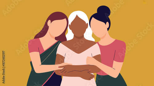 Multi ethnic women stand united, with their arms intertwined, representing a strong bond and friendship