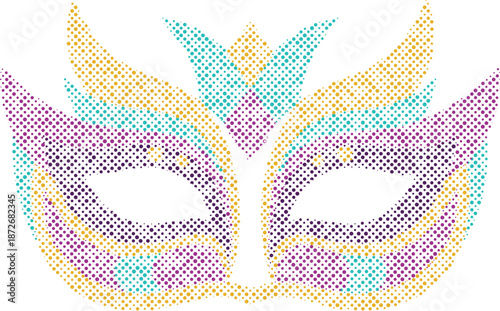 A vibrant mardi gras mask with dotted pattern in traditional purple, gold, and teal colors isolated on transparent background, Vector