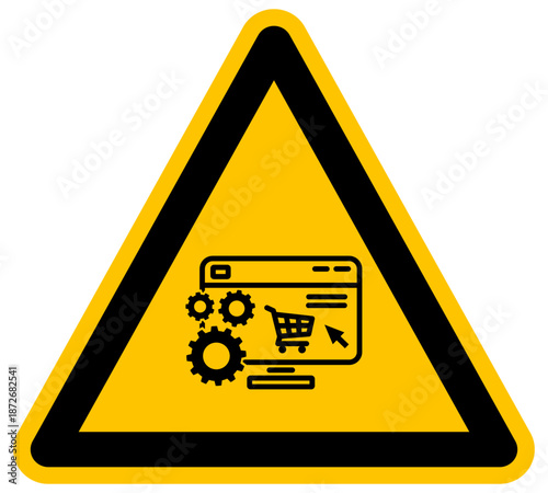 Señal de advertencia de comercio electrónico compras en línea con carrito y sistema de engranajes de configuración de tienda digital icono de negocio ilustración de vector