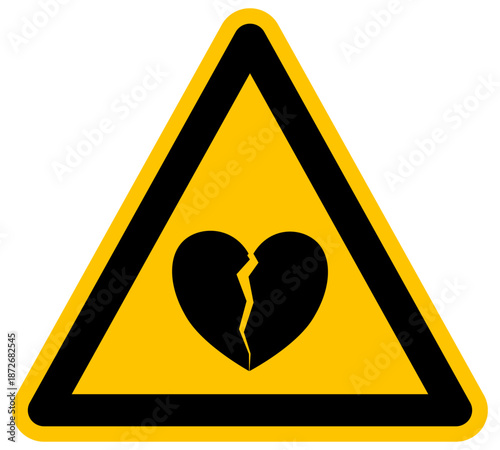 Señal de advertencia con corazón roto símbolo de desamor tristeza y fin de relación de pareja icono de peligro emocional diseño gráfico en estilo plano ilustración de vector