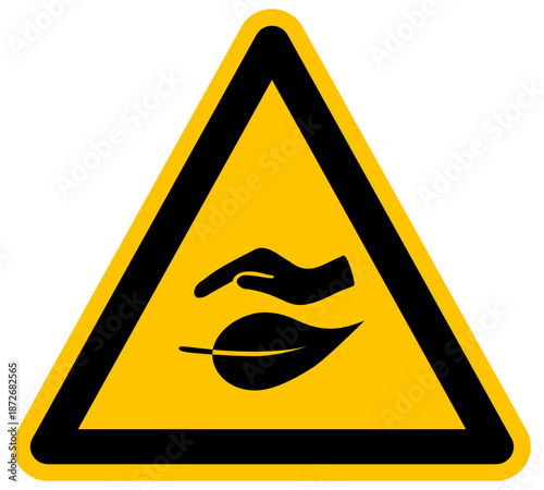 Señal de advertencia para la protección de la naturaleza el medio ambiente y la biodiversidad con icono de mano cuidando una hoja símbolo de ecología ilustración de vector