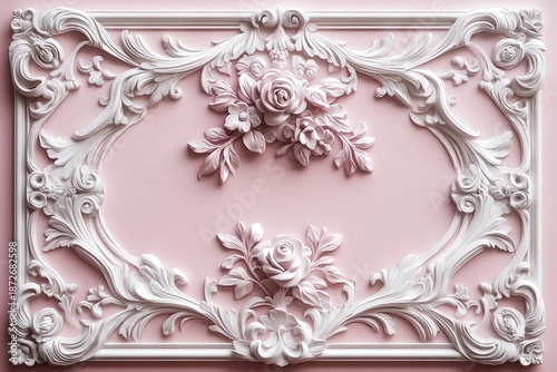 Ornate plaster molding with floral relief detailing set against a soft pastel background
