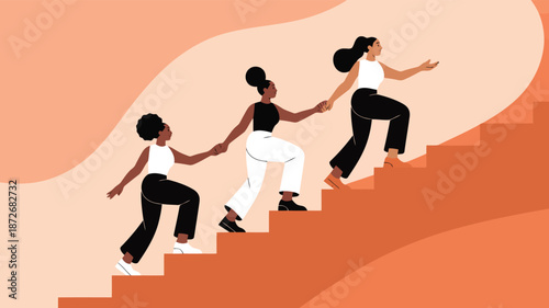 Three diverse women hold hands ascending a staircase symbolizing teamwork progress and female empowerment