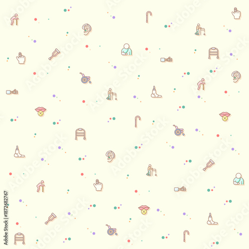 Vector illustration of a cute Disability People Pictograms icon. Collection of Disabled health care, medical tools, equipment stick figure, crutches, wheelchair, cane, electric wheelchair