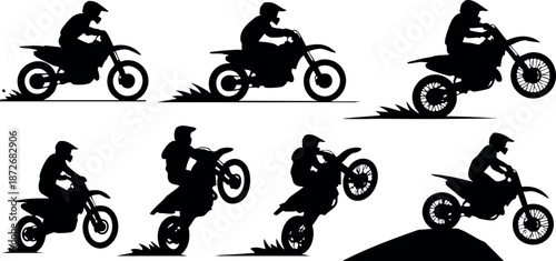 Motorcycle rider performing various stunts and jumps on different terrains vector set for extreme sports enthusiasts and adventure lovers