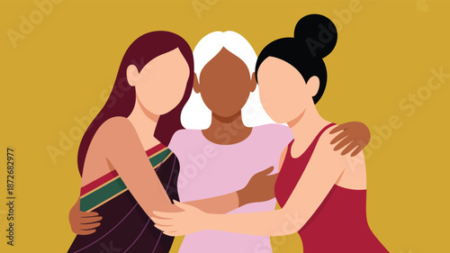 Three women from diverse backgrounds embracing each other on a mustard yellow background showing camaraderie