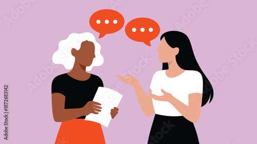 Two diverse women engage in conversation with speech bubbles on a vibrant pastel purple background