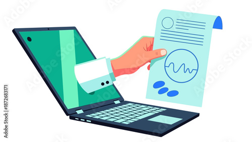A professional hand emerges from a modern laptop screen, delivering an important digital document with charts, symbolizing efficient online services and data exchange.