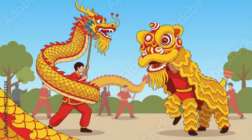 Vector illustration : chinese lion dance and dragon costume, parade performance, traditional festival - Chinese New Year festive, Lunar celebration, Beijing China travel, tourism 