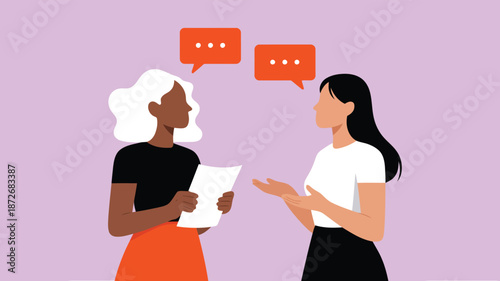 Two women engaged in a vibrant discussion, one holding paperwork, with speech bubbles floating above