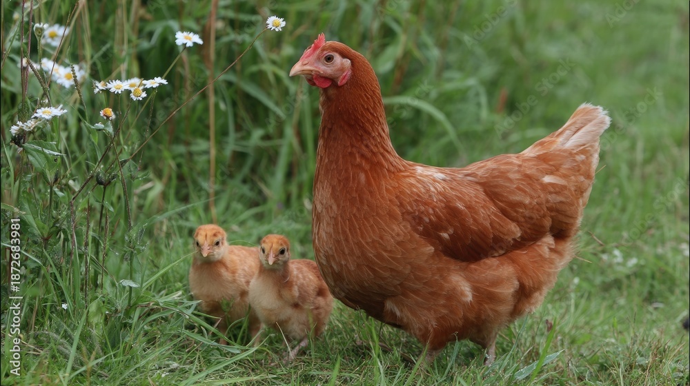 Fototapeta premium Mother hen with her adorable chicks walking in a lush green field surrounded by wildflowers on a sunny day, capturing the essence of rural life and nature