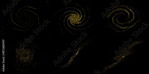 Golden spiral galaxies and cosmic dust formations against a dark background