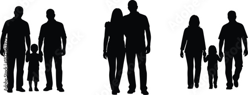 Family silhouettes, diverse relationships, parenting concept, couple unity, child bonding, inclusive family structure, social connection, lifestyle illustration, black figures, walking together
