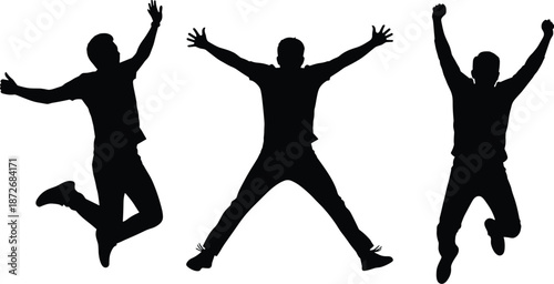 Jumping silhouettes, energetic people, joyful motion, freedom expression, dynamic pose, white background, active lifestyle, celebration moment, airborne figures