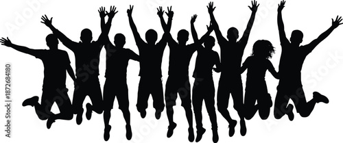 Jumping silhouettes, teamwork celebration, energetic group, unity in motion, joyful people, success concept, youth spirit, dynamic pose, happiness, freedom, motivation