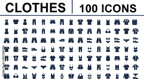 Clothing icons, fashion silhouettes, apparel set, wardrobe elements, outfit symbols, accessories pack, black style, flat vector illustration**