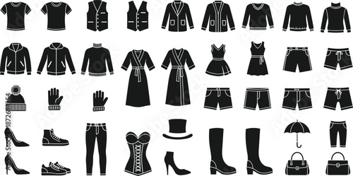 Clothing icons, fashion silhouettes, apparel vector, wardrobe elements, outfit symbols, accessories set, trendy wear, editable design, black style, flat vector illustration**