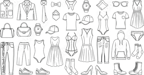 Clothing icons, fashion accessories, silhouette garments, black vector symbols, outfit elements, apparel illustration, shoes, hats, bags, flat vector illustration