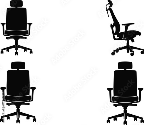 Office chair silhouette, ergonomic design, high backrest, headrest, armrests, wheeled base, side view, modern furniture, workplace comfort, black shape