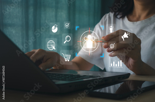 Photos Customer targeting, digital marketing analysis concept with audience segmentation icon, data analytics, business strategy, growth planning on laptop, modern marketing technology, data driven decision