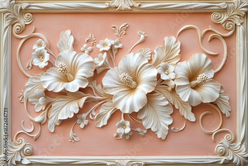Ornate floral bas-relief sculpture showcases tropical blossoms framed within decorative molding