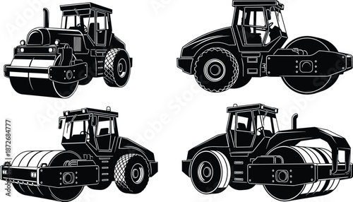 Road roller compactor vector illustration, construction machinery set, heavy equipment design, asphalt compaction vehicle, industrial engineering artwork collection