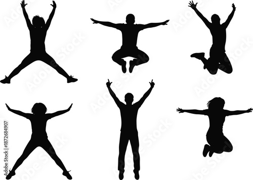 Silhouettes of energetic people jumping in air, expressing joy, freedom, celebration, vitality, happiness, movement, dynamic pose, active lifestyle, excitement.