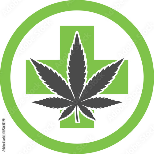 A vibrant green circular logo featuring a marijuana leaf integrated within a medical cross symbol