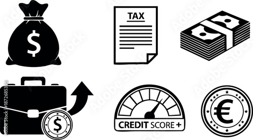 Business finance icons including money bag briefcase credit score euro coin and tax document vector set