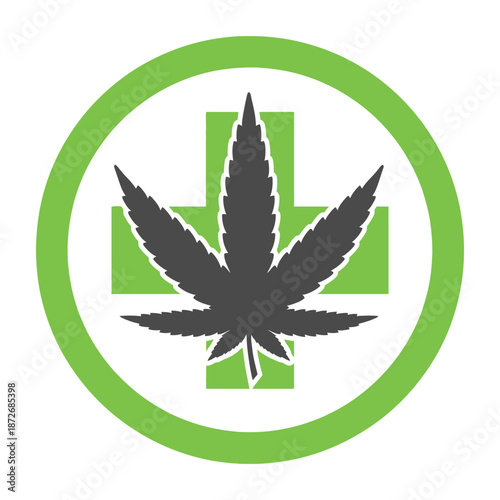 A vibrant green circular logo featuring a dark cannabis leaf superimposed on a plus symbol